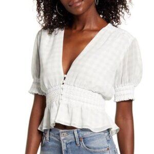 WAYF Norah Smocked Waist Top in Baby Blue Gingham, XS